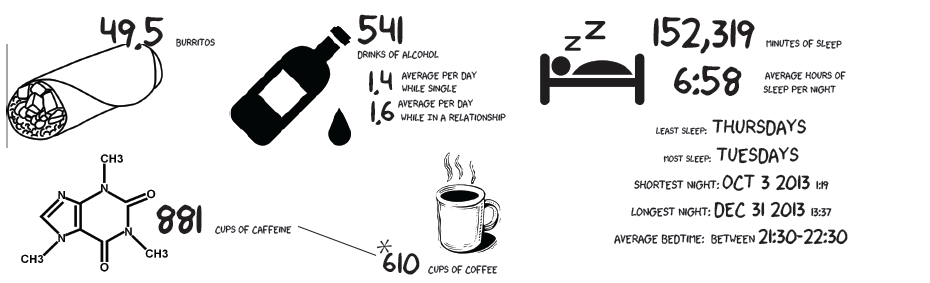 A visual layout describing all the coffee, alcohol, and other metrics about Lillian’s life.