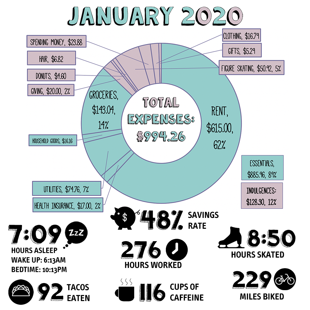 January 2020 report - a bar graph of different stats, including expenses and hours worked.