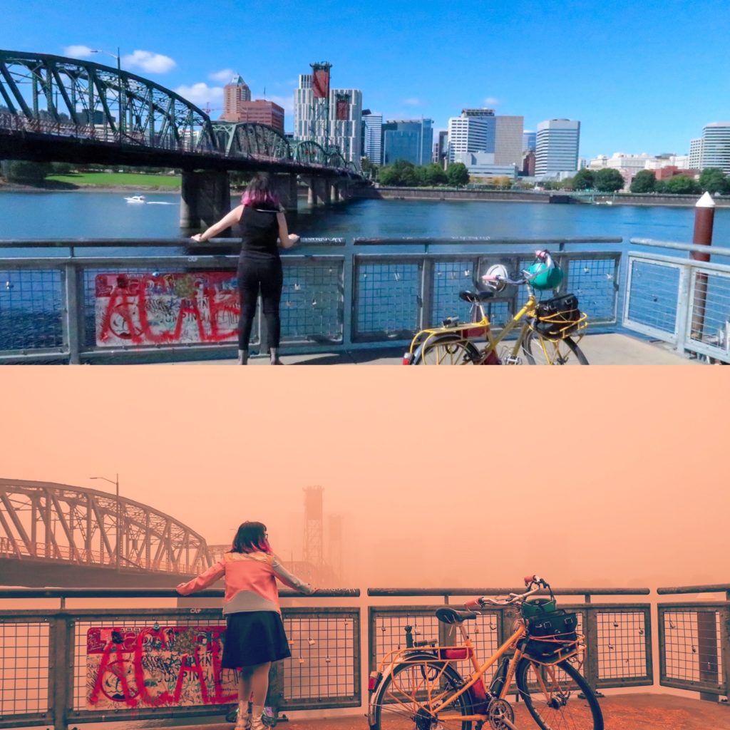 Two pictures: top shows a bridge and blue sky and water with a person standing in front of it, bottom picture shows a pink smoke filled sky in the same location, most of the bridge is not visible due to the smoke and the water is not visible at all.