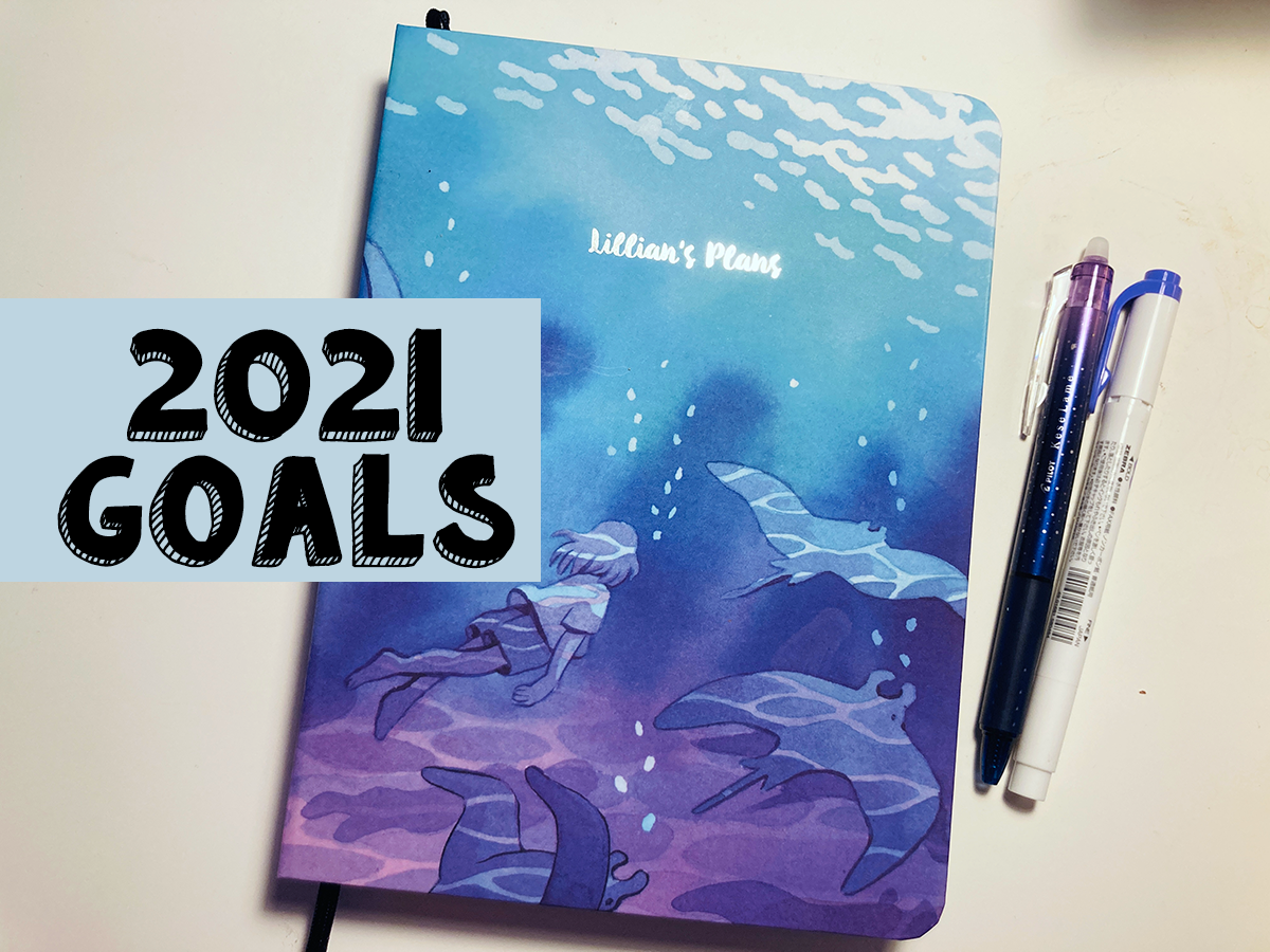 The cover of planner showing the text "lillian's plans" with a blue and purple image of a girl swimming. Over top of it says 2021 Goals.