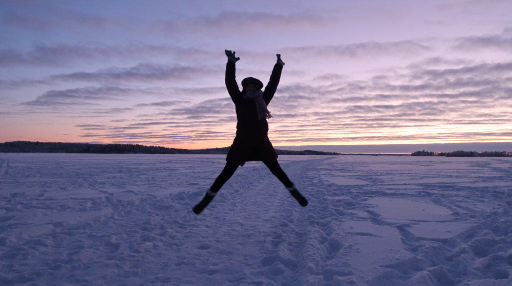 Jumping shadow in front of frozen ice and a sky