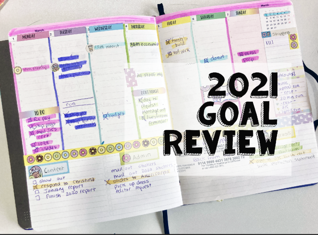a picture of a color weekly planner spread with the words "2021 goal review"
